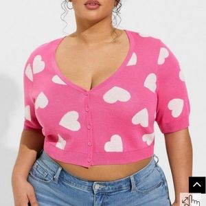 🆕️💕 3X TORRID PINK & WHITE HEART RIBBED SHORT SLEEVE SHRUG SWEATER💕